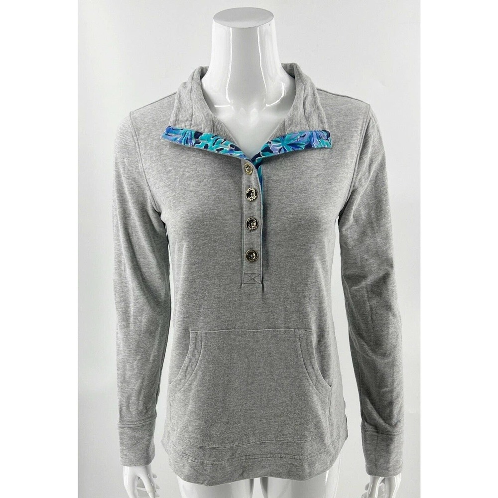 Lily Pulitzer Captain Popover Top Size Small Gray Blue Button Neck Collared